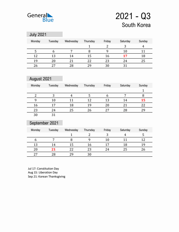 South Korea Quarter 3 2021 Calendar with Holidays