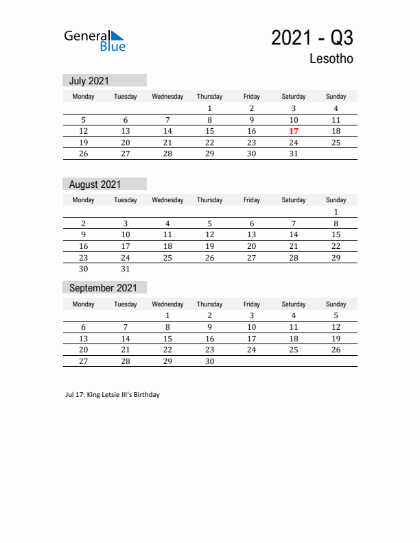 Lesotho Quarter 3 2021 Calendar with Holidays