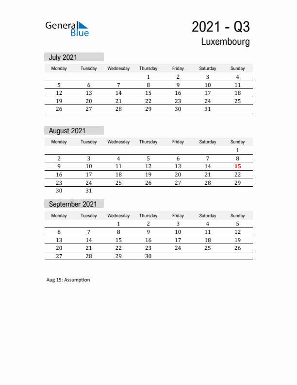 Luxembourg Quarter 3 2021 Calendar with Holidays