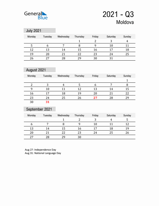 Moldova Quarter 3 2021 Calendar with Holidays