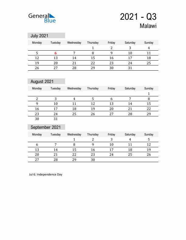 Malawi Quarter 3 2021 Calendar with Holidays