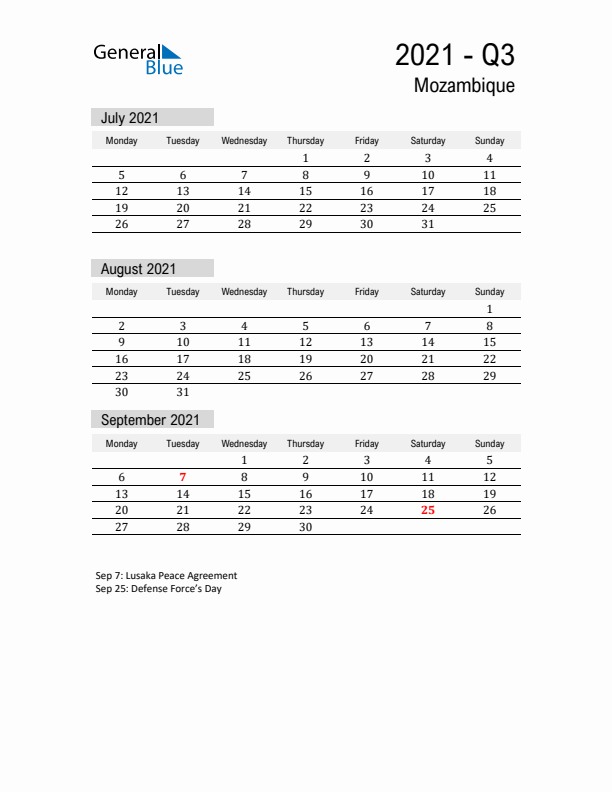 Mozambique Quarter 3 2021 Calendar with Holidays