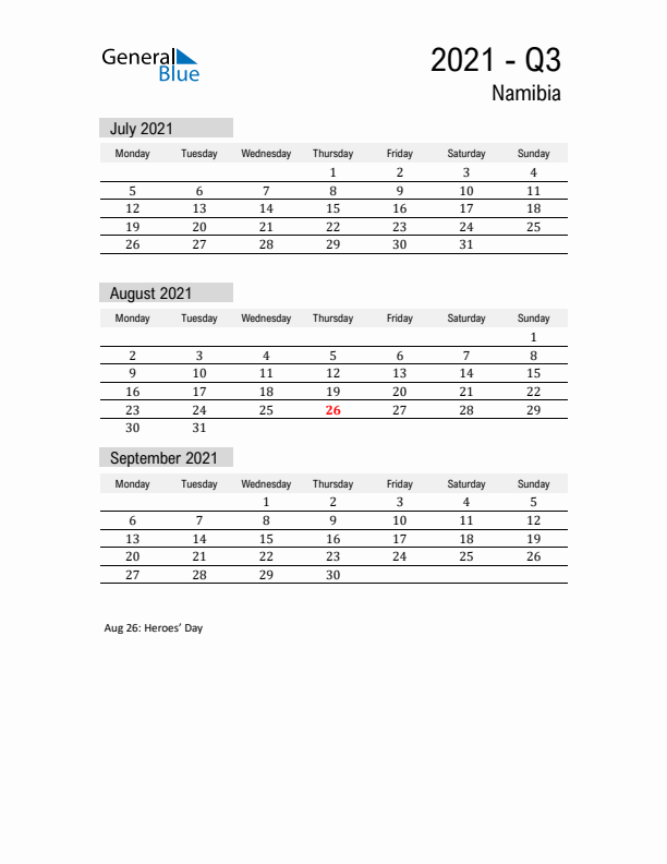 Namibia Quarter 3 2021 Calendar with Holidays