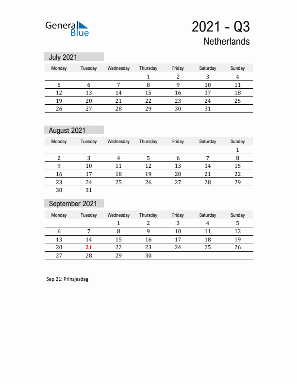 The Netherlands Quarter 3 2021 Calendar with Holidays