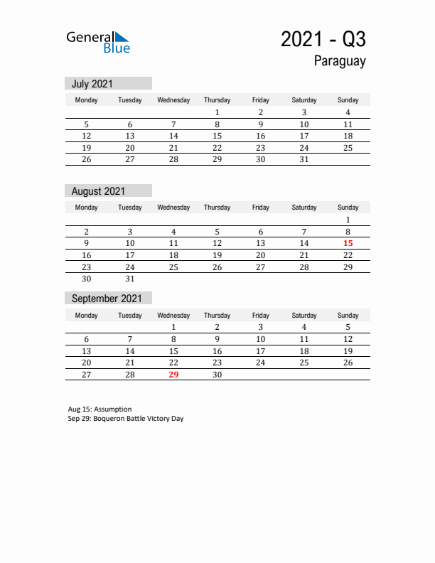 Paraguay Quarter 3 2021 Calendar with Holidays