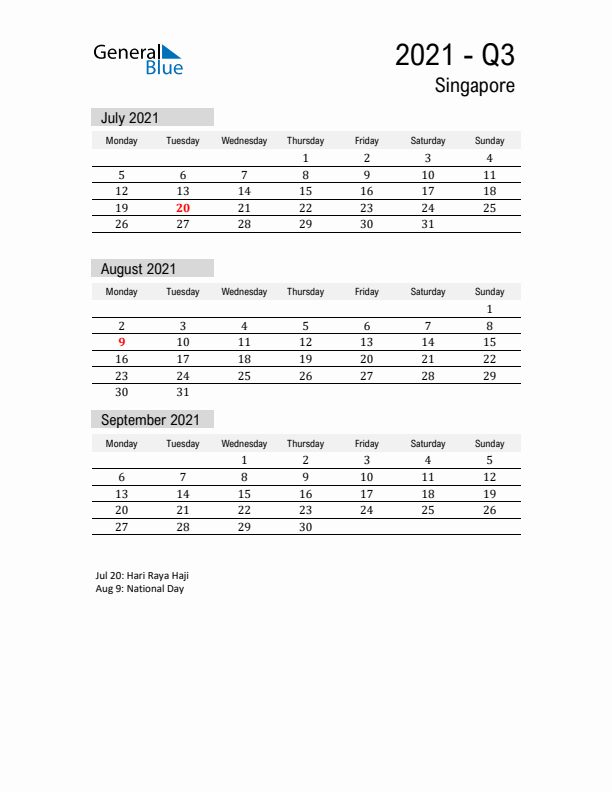 Singapore Quarter 3 2021 Calendar with Holidays