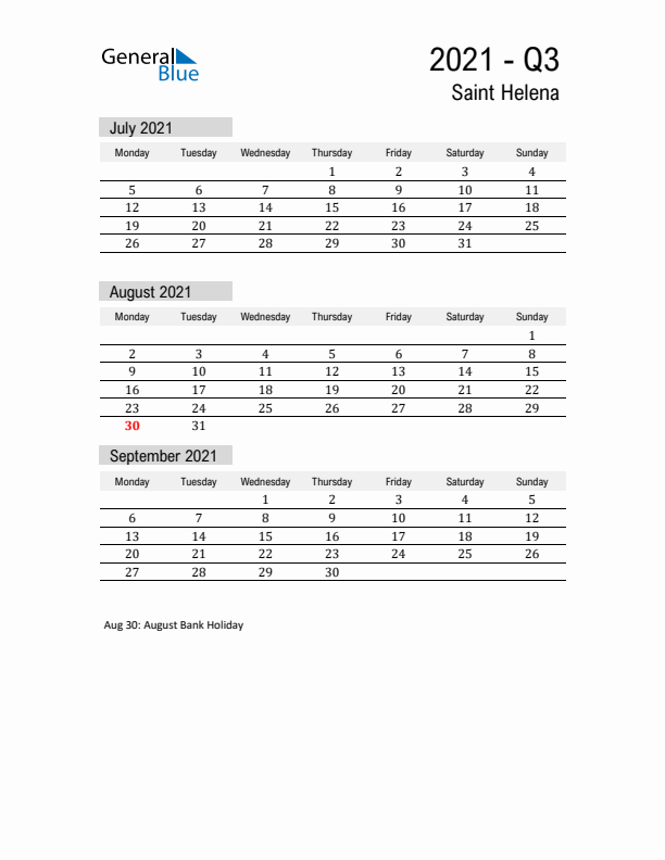 Saint Helena Quarter 3 2021 Calendar with Holidays