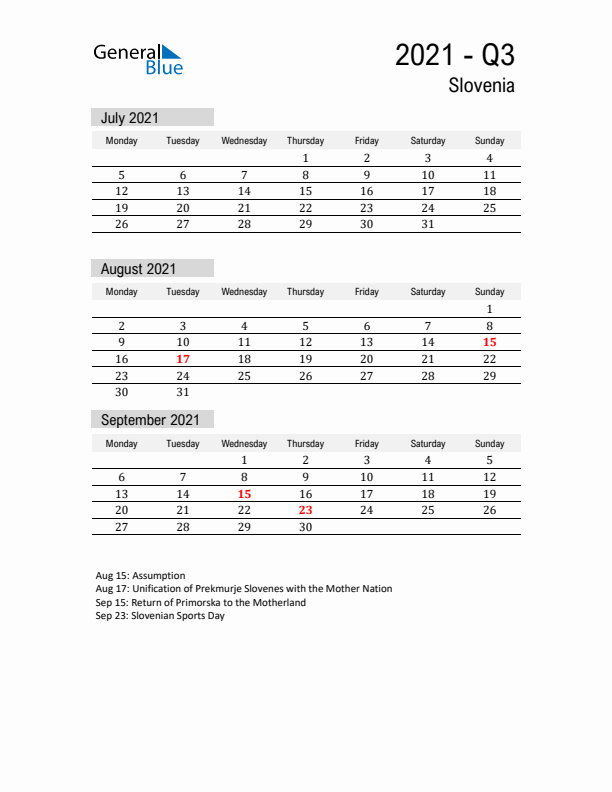 Slovenia Quarter 3 2021 Calendar with Holidays