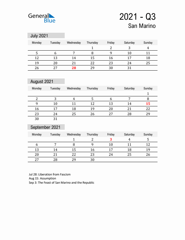 San Marino Quarter 3 2021 Calendar with Holidays