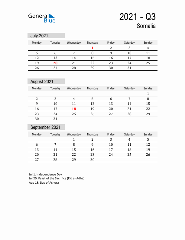 Somalia Quarter 3 2021 Calendar with Holidays