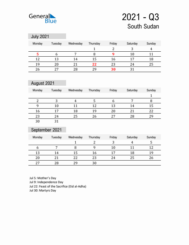 South Sudan Quarter 3 2021 Calendar with Holidays