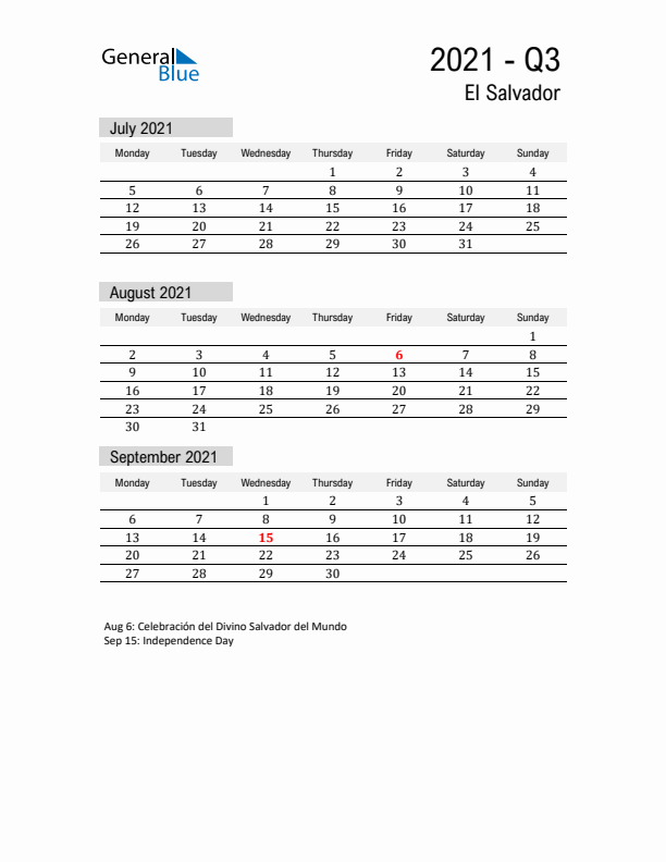 El Salvador Quarter 3 2021 Calendar with Holidays