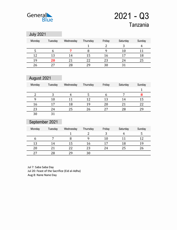 Tanzania Quarter 3 2021 Calendar with Holidays