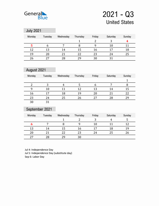 United States Quarter 3 2021 Calendar with Holidays