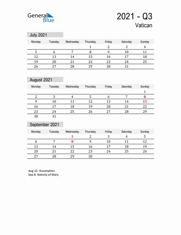 Vatican Quarter 3 2021 Calendar with Holidays