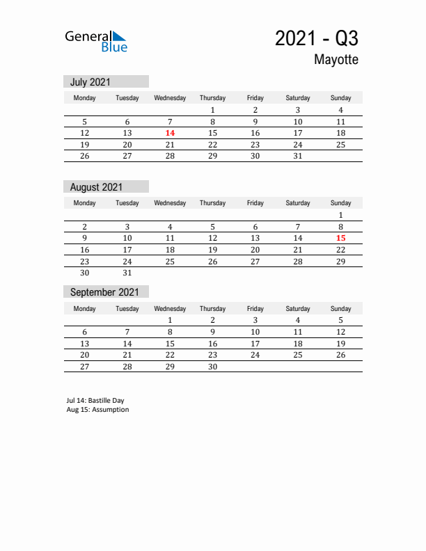 Mayotte Quarter 3 2021 Calendar with Holidays