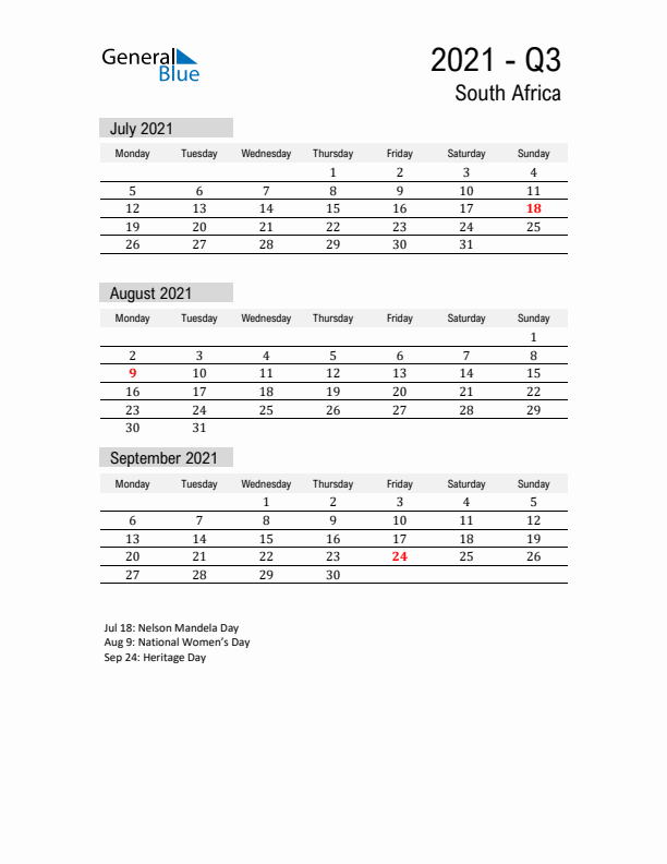 South Africa Quarter 3 2021 Calendar with Holidays