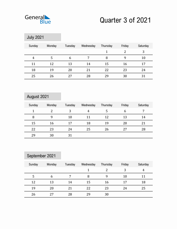 July, August, and September Calendar 2021