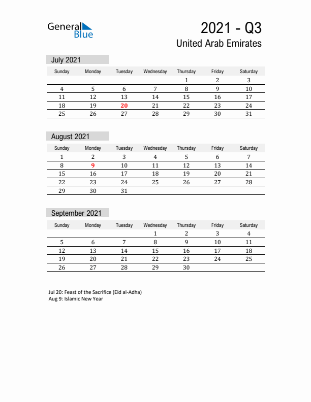 United Arab Emirates Quarter 3 2021 Calendar with Holidays