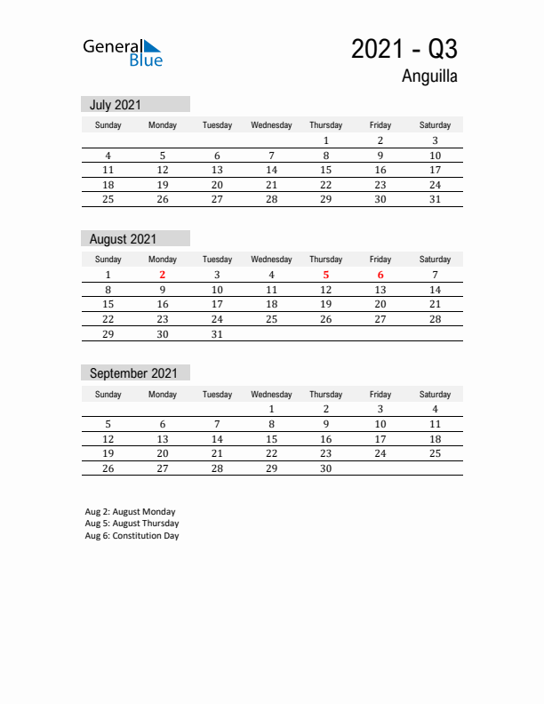 Anguilla Quarter 3 2021 Calendar with Holidays