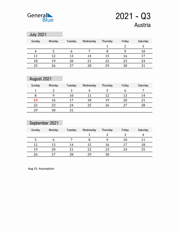 Austria Quarter 3 2021 Calendar with Holidays