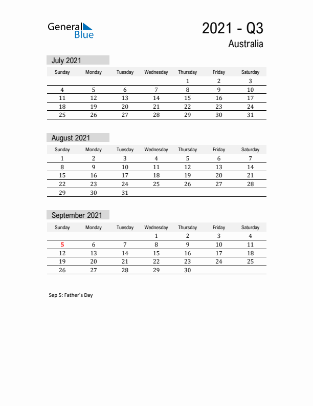 Australia Quarter 3 2021 Calendar with Holidays