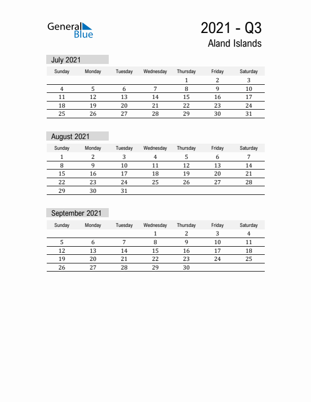 Aland Islands Quarter 3 2021 Calendar with Holidays