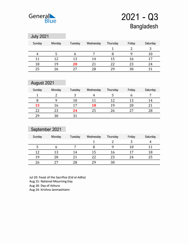 Bangladesh Quarter 3 2021 Calendar with Holidays