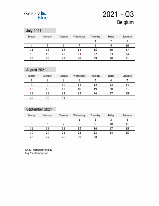 Belgium Quarter 3 2021 Calendar with Holidays