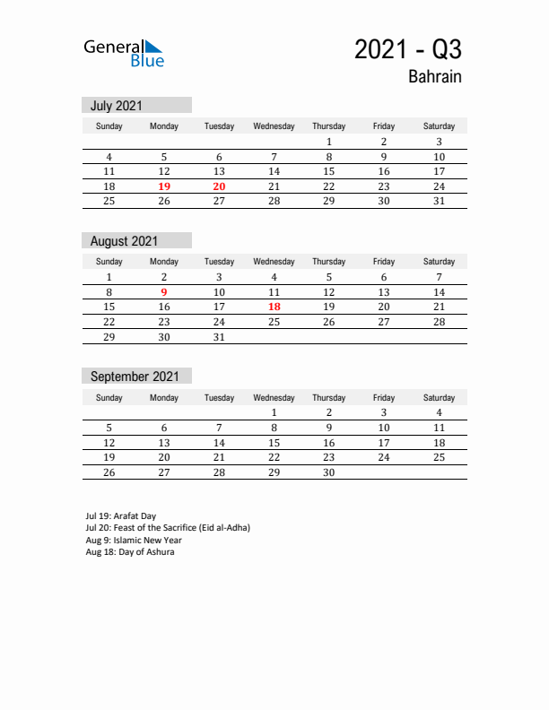 Bahrain Quarter 3 2021 Calendar with Holidays