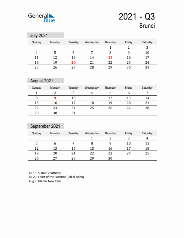 Brunei Quarter 3 2021 Calendar with Holidays