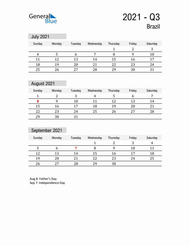 Brazil Quarter 3 2021 Calendar with Holidays