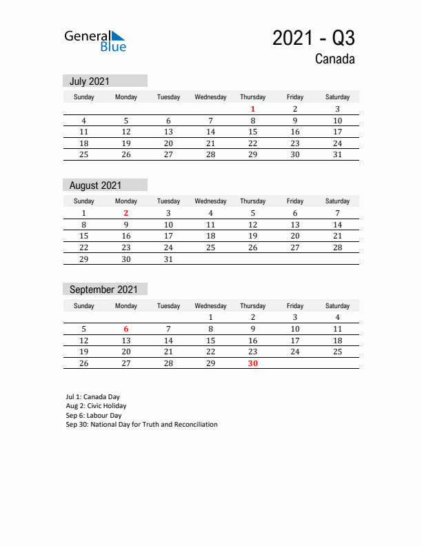 Canada Quarter 3 2021 Calendar with Holidays