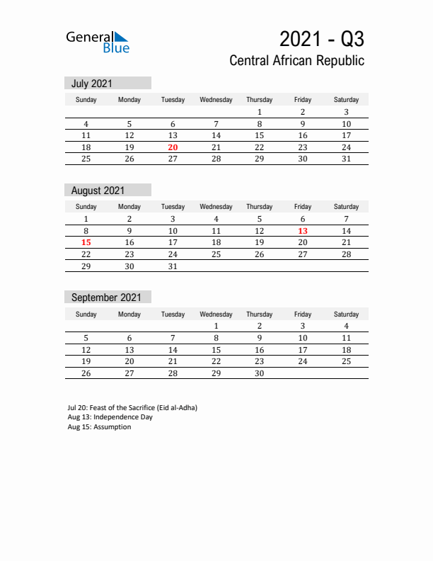 Central African Republic Quarter 3 2021 Calendar with Holidays