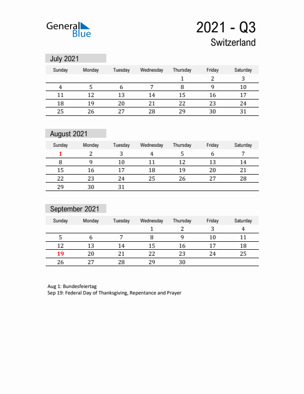 Switzerland Quarter 3 2021 Calendar with Holidays