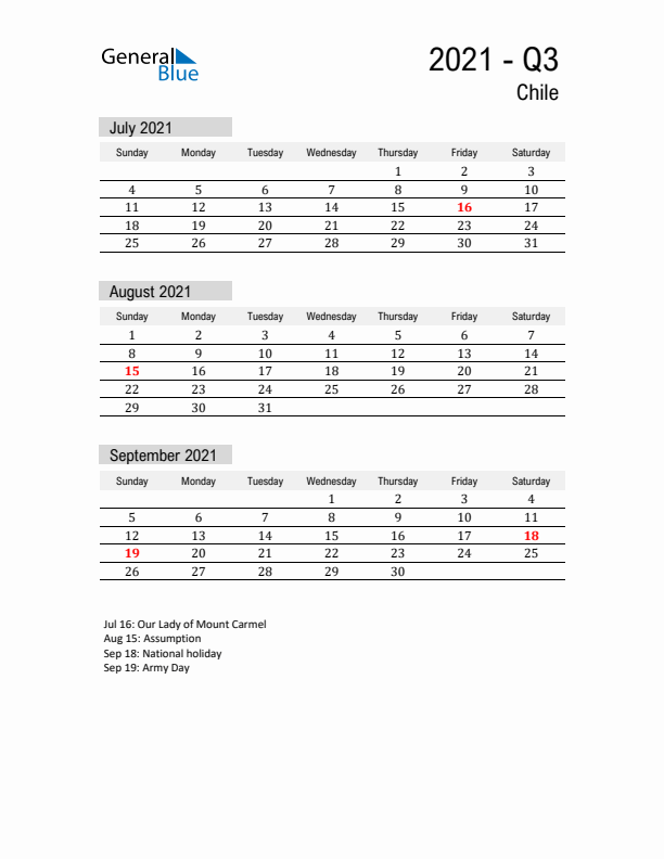 Chile Quarter 3 2021 Calendar with Holidays