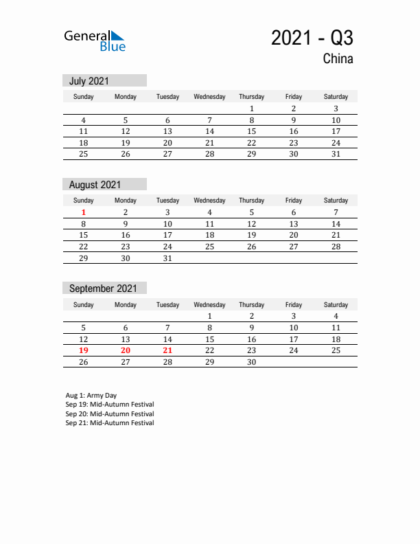 China Quarter 3 2021 Calendar with Holidays