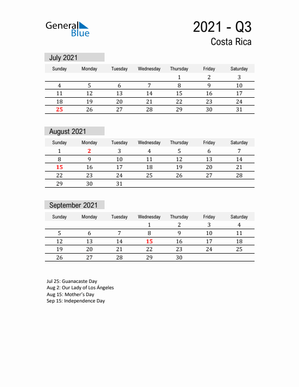 Costa Rica Quarter 3 2021 Calendar with Holidays