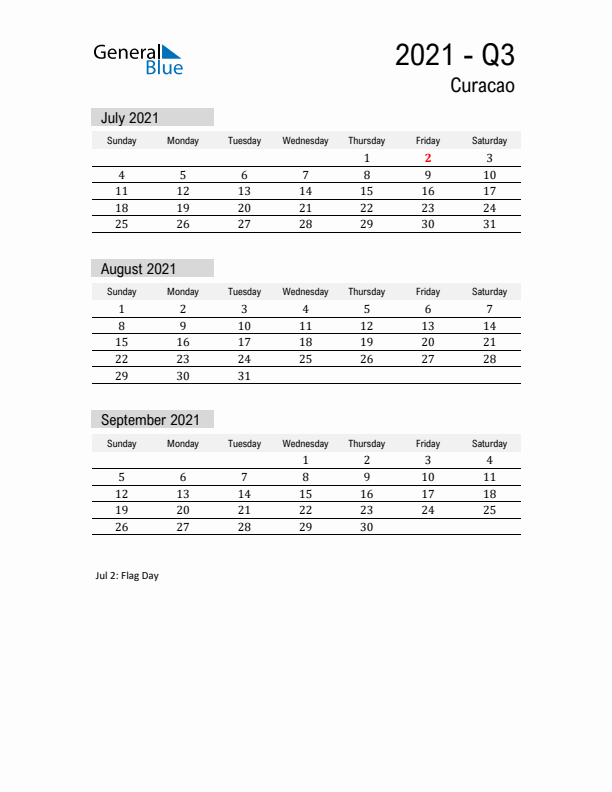 Curacao Quarter 3 2021 Calendar with Holidays