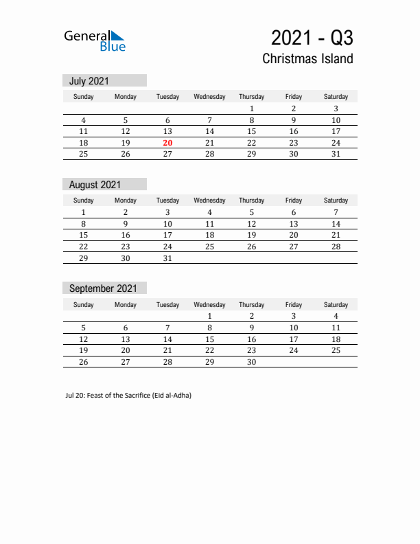 Christmas Island Quarter 3 2021 Calendar with Holidays