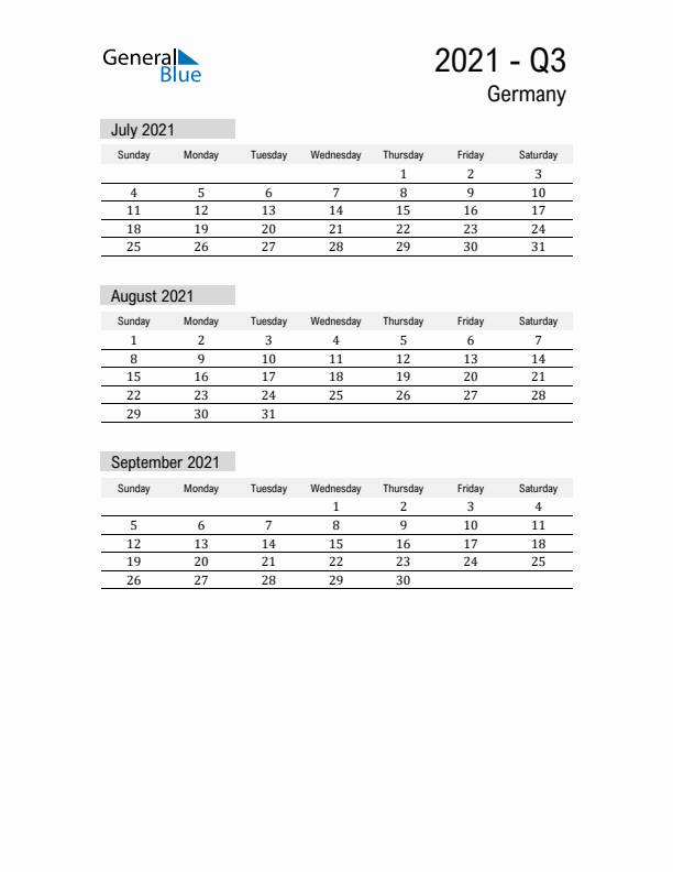 Germany Quarter 3 2021 Calendar with Holidays