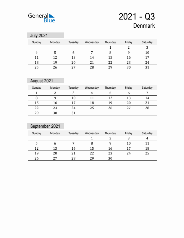 Denmark Quarter 3 2021 Calendar with Holidays