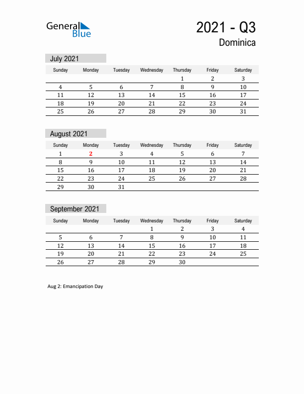 Dominica Quarter 3 2021 Calendar with Holidays