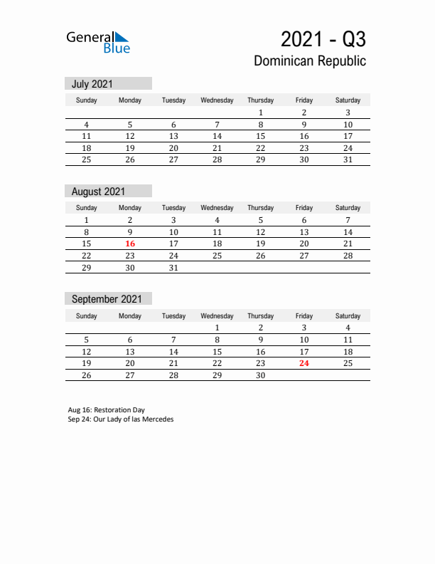 Dominican Republic Quarter 3 2021 Calendar with Holidays