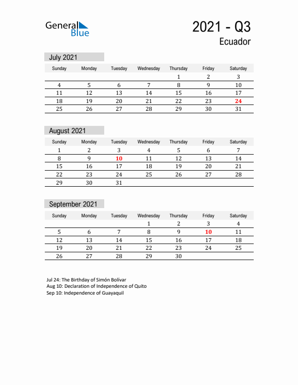 Ecuador Quarter 3 2021 Calendar with Holidays