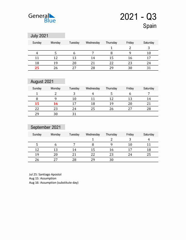 Spain Quarter 3 2021 Calendar with Holidays