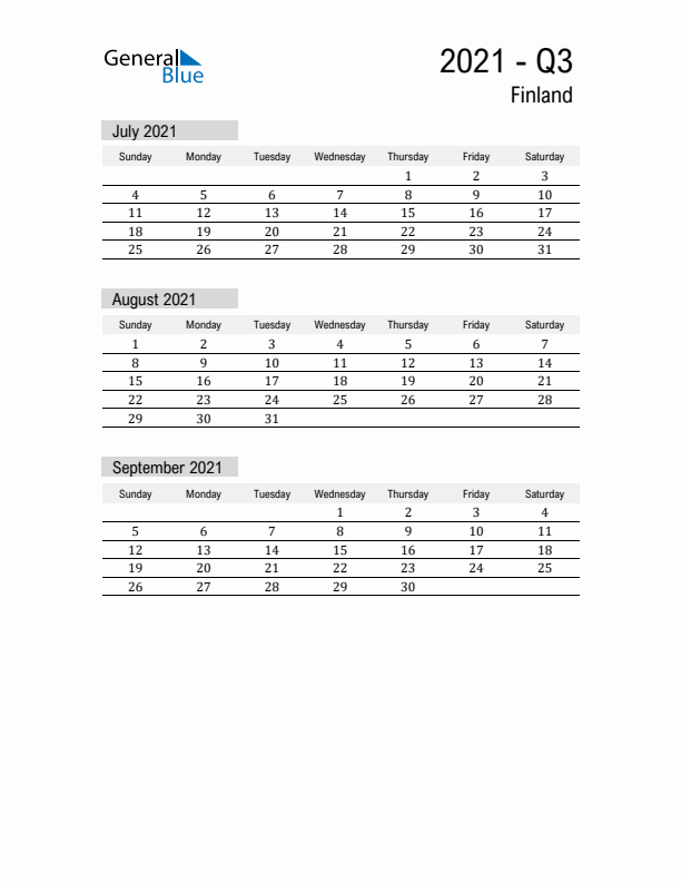 Finland Quarter 3 2021 Calendar with Holidays