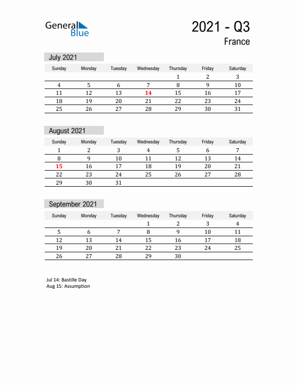 France Quarter 3 2021 Calendar with Holidays