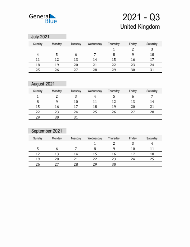 United Kingdom Quarter 3 2021 Calendar with Holidays