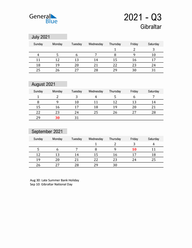 Gibraltar Quarter 3 2021 Calendar with Holidays